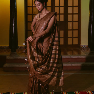 Brown Handloom Linen Saree With Striped Pallu