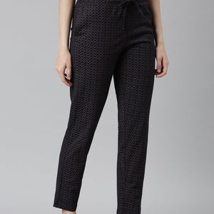 Women Printed Black Mid Rise Cotton Knit Lounge Pants