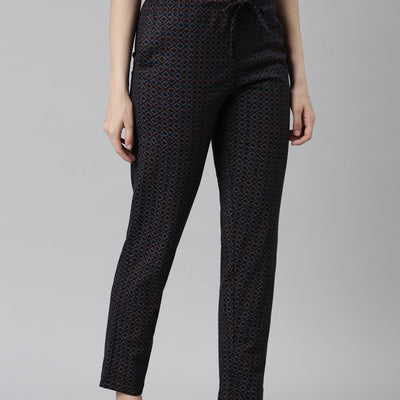 Women Printed Black Mid Rise Cotton Knit Lounge Pants