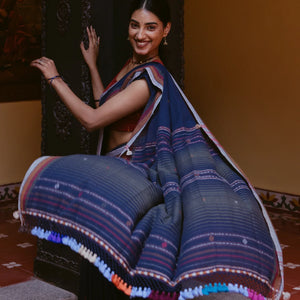 Midnight Blue Handloom Bhujodi Cotton Saree With Bhujodi/Kutch style Buttis