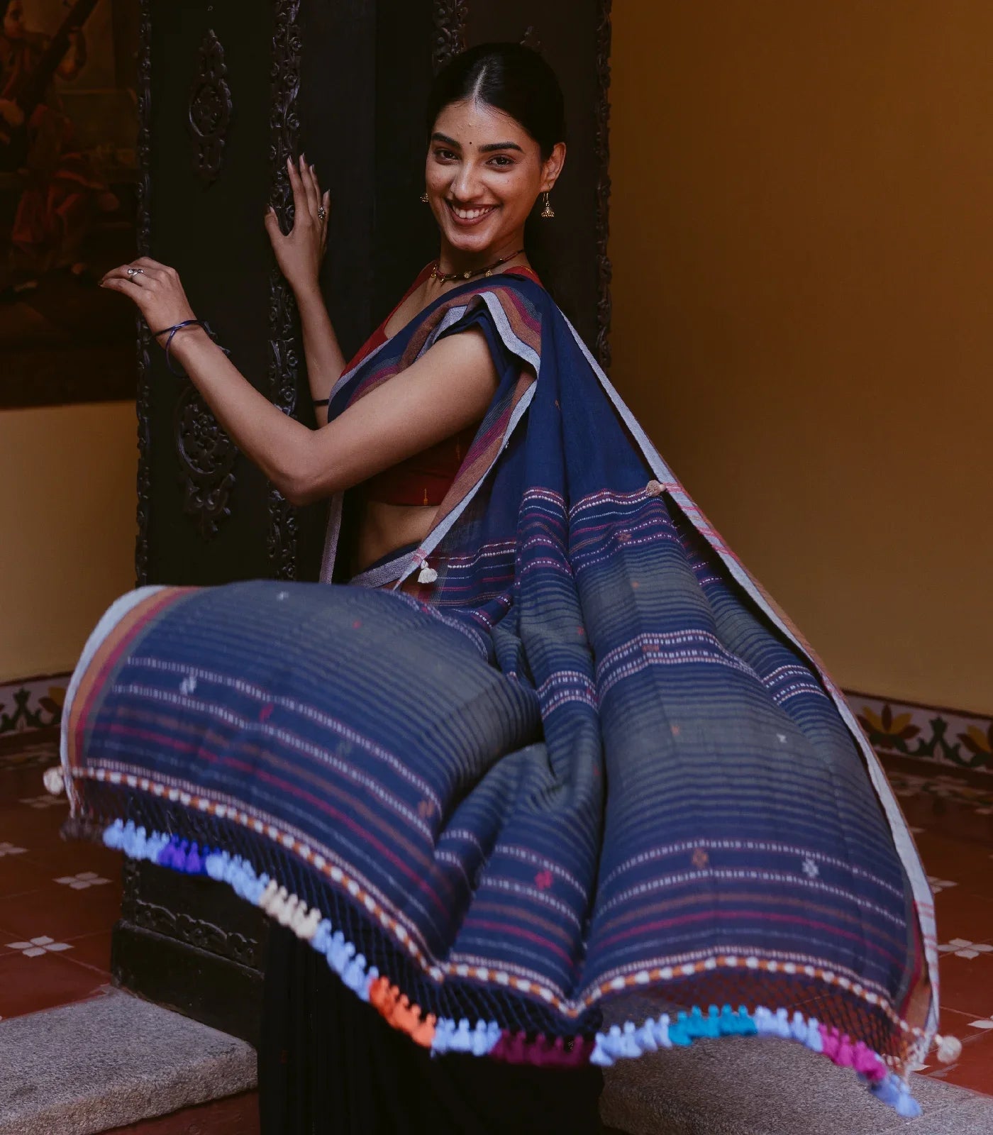 Midnight Blue Handloom Bhujodi Cotton Saree With Bhujodi/Kutch style Buttis