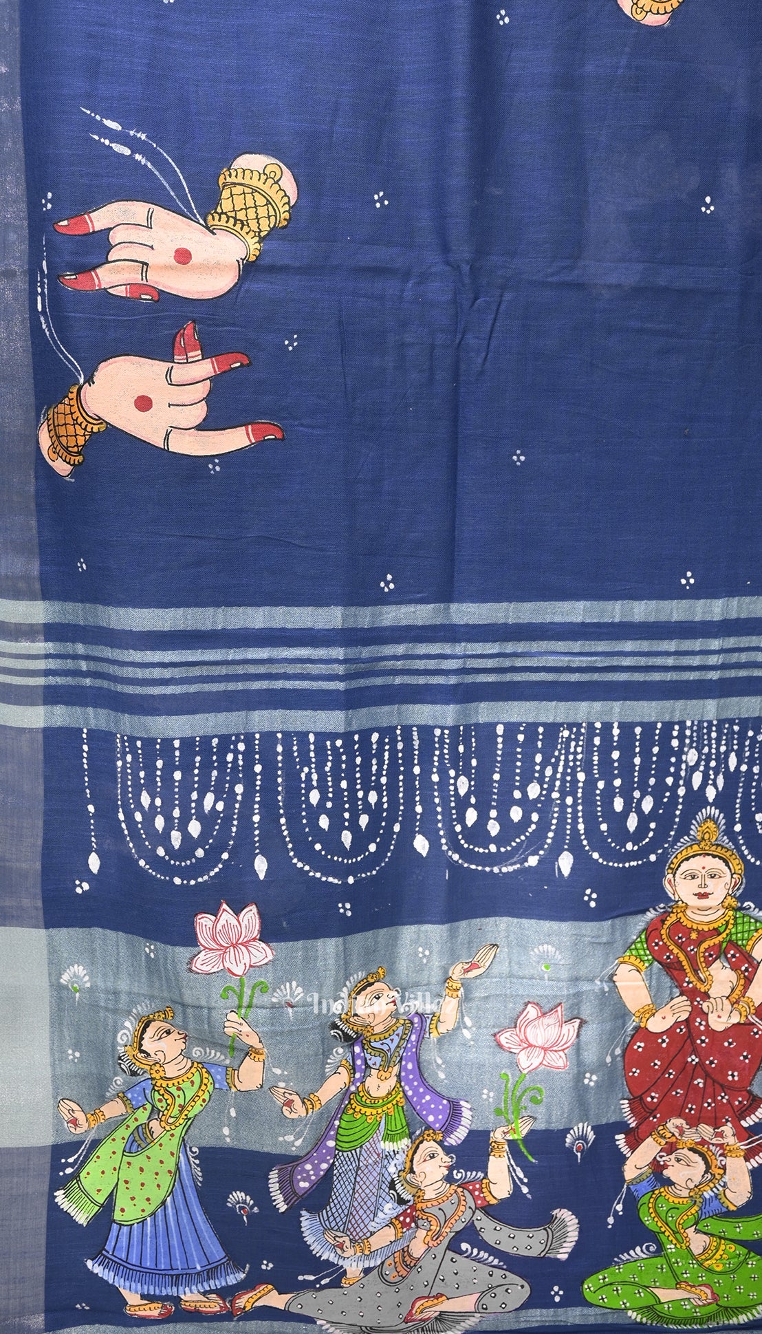 Sky Blue Mudra Theme Hand-Painted Pattachitra Saree