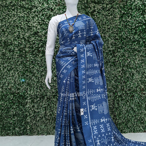 Peacock Blue Tribal Art Contemporary Odisha Handloom Silk Saree