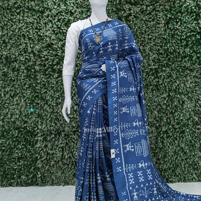 Peacock Blue Tribal Art Contemporary Odisha Handloom Silk Saree