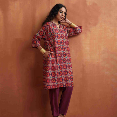 trueBrowns Beige Mandala Print Kurta Co-ord Set