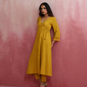 trueBrowns Mustard Cotton Dobby Kurta Set