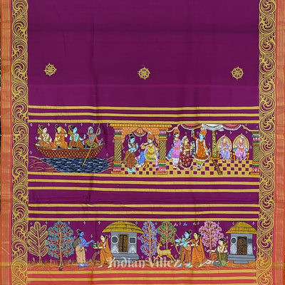 Deep Maroon Ramayan Theme Hand-Painted Pattachitra Saree