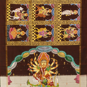 Coffee Navaratri Durga Puja Theme Hand-Painted Pattachitra Saree