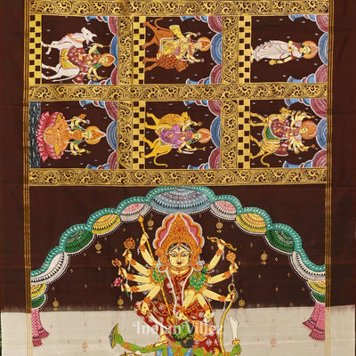 Coffee Navaratri Durga Puja Theme Hand-Painted Pattachitra Saree