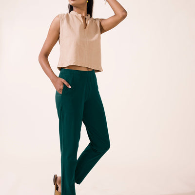 Women Solid Dark Green Cotton Mid Rise Kurti Pants