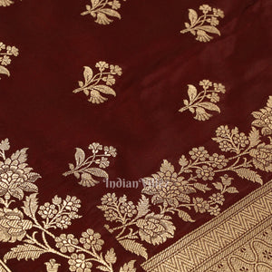 Deep Maroon Flower Motif Mashru Satin Silk Banarasi Saree