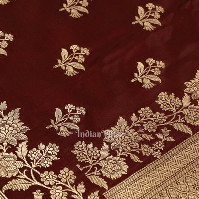 Deep Maroon Flower Motif Mashru Satin Silk Banarasi Saree
