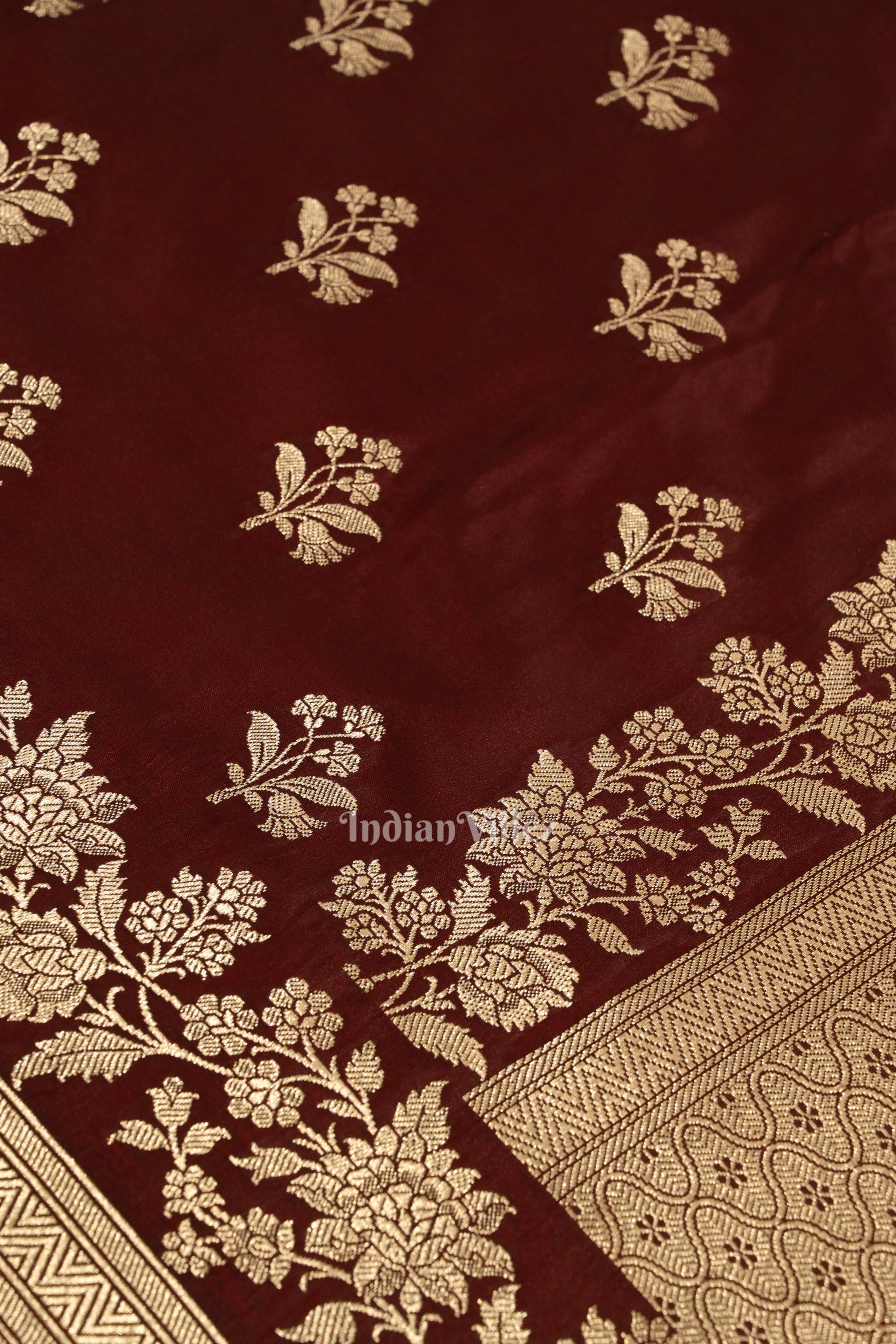 Deep Maroon Flower Motif Mashru Satin Silk Banarasi Saree