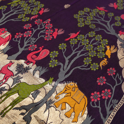 Violet Shikargah Theme Tussar Khaddi Georgette Banarasi Saree