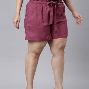 Women Solid Plum High Rise Linen Shorts