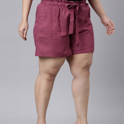 Women Solid Plum High Rise Linen Shorts