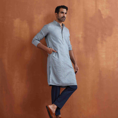 trueBrowns Men's Blue Chanderi Kurta