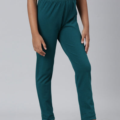 Girls Solid Bright Turquoise Ankle Length Leggings