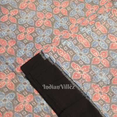 Cement Black Floral Motif Sambalpuri Ikat Cotton Fabric