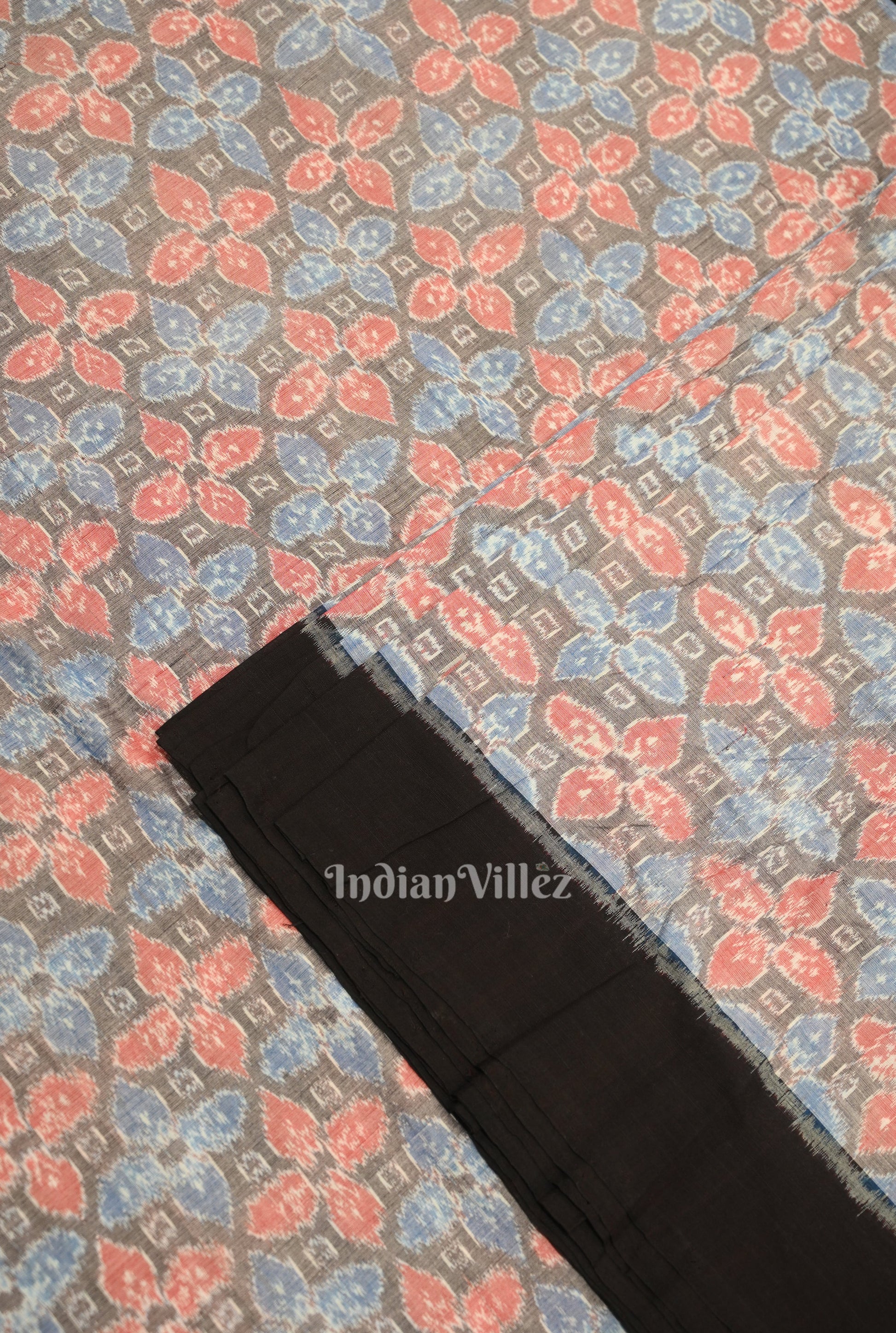 Cement Black Floral Motif Sambalpuri Ikat Cotton Fabric