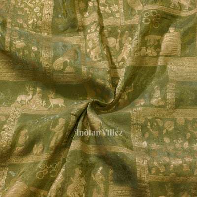 Parrot Green Shikargah Theme Banarasi Katan Tissue Saree