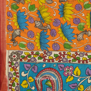 Orange Lotus Fish Hand-Painted Natural Dye Cotton Kalamkari Saree