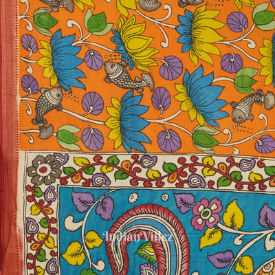 Orange Lotus Fish Hand-Painted Natural Dye Cotton Kalamkari Saree