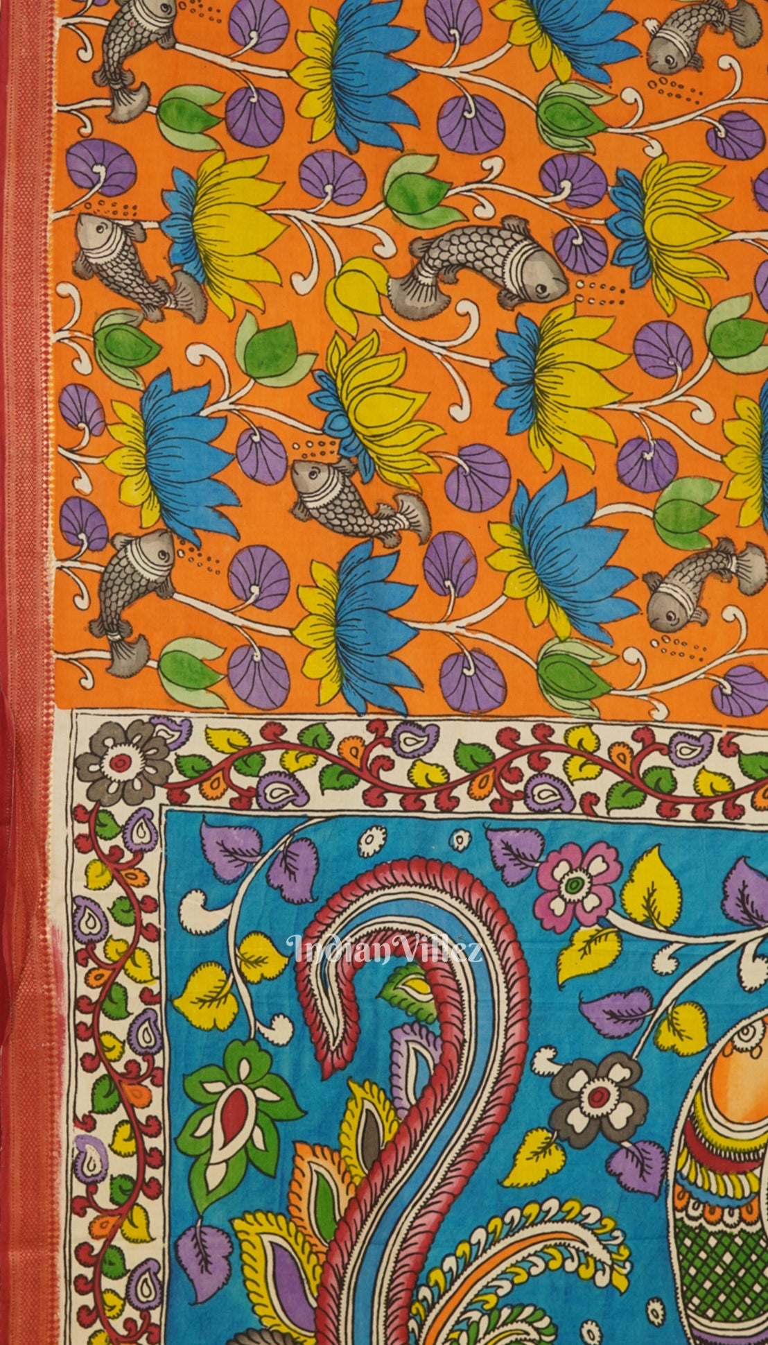 Orange Lotus Fish Hand-Painted Natural Dye Cotton Kalamkari Saree