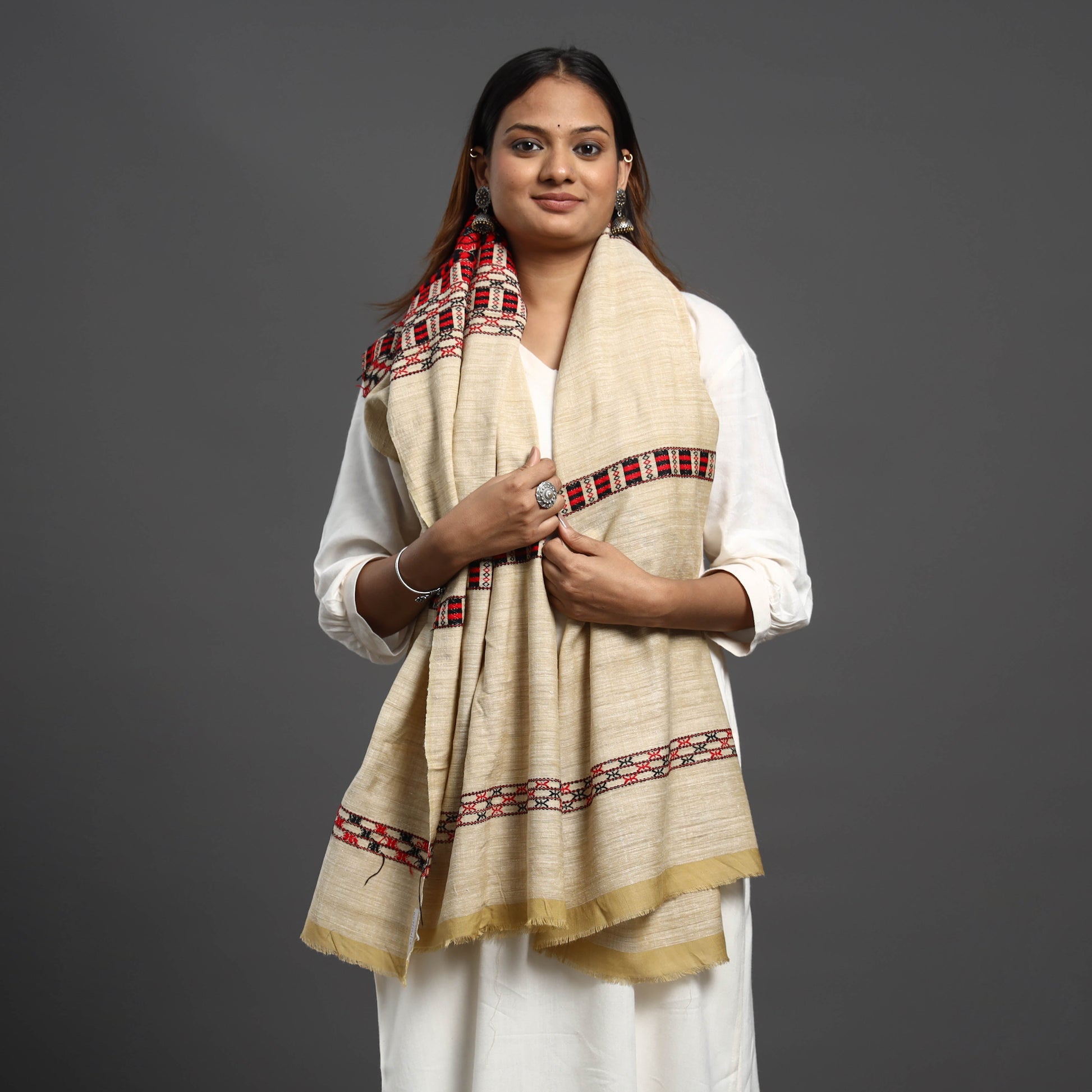 Beige - Assamese Gero Design Mising Eri Silk Handloom Shawl cum Stole