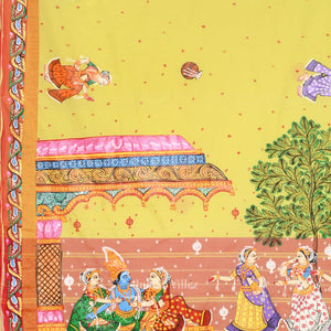 Lemon Yellow Red Radha Krishna Raasleela Hand-Painted Pattachitra Saree