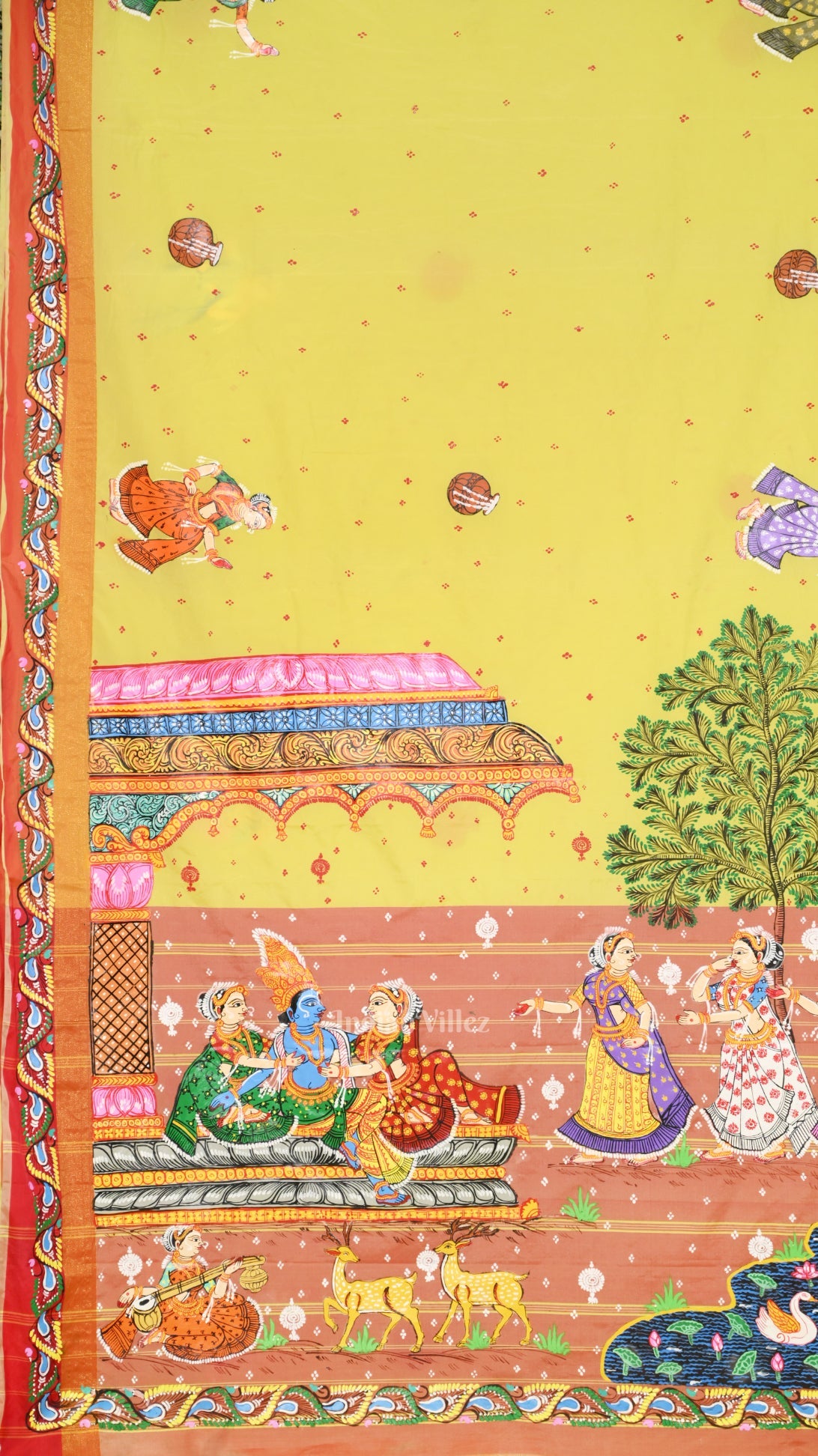 Lemon Yellow Red Radha Krishna Raasleela Hand-Painted Pattachitra Saree