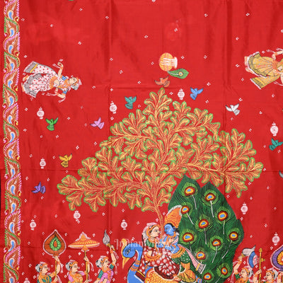 Red with Coffee Rasaleela Theme Hand-Painted Pattachitra Saree