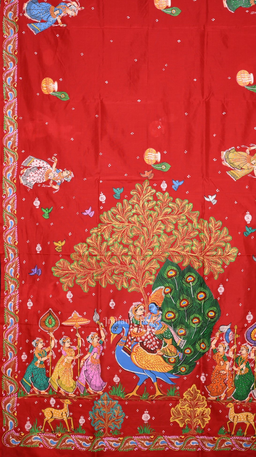 Red with Coffee Rasaleela Theme Hand-Painted Pattachitra Saree