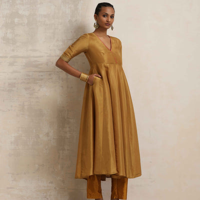 trueBrowns Gold Tissue Flared Anarkali Kurta Set