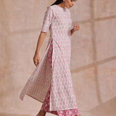 Pink Green Floral On White Block Print Cotton Slit Kurta Pant Set | Relove
