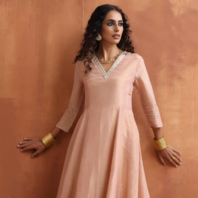 trueBrowns Blush Pink Tissue Flared Anarkali Kurta Set
