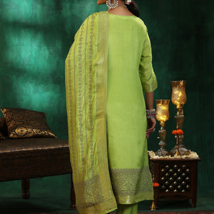 Green Woven Design Silk Blend Straight Suit With Dupatta
