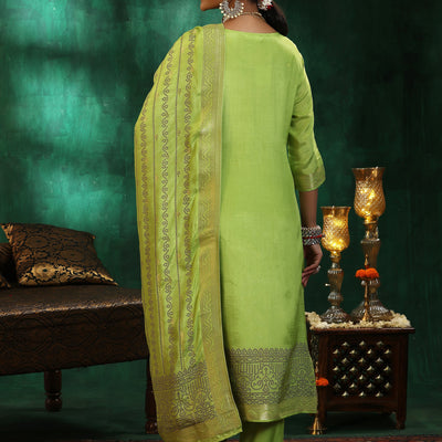 Green Woven Design Silk Blend Straight Suit With Dupatta