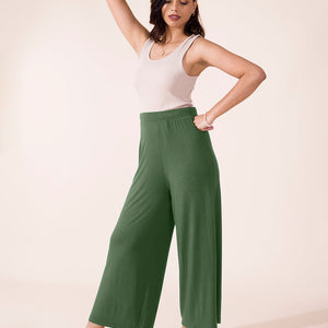 Women Solid Dark Olive Viscose Mid Rise Knit Palazzos