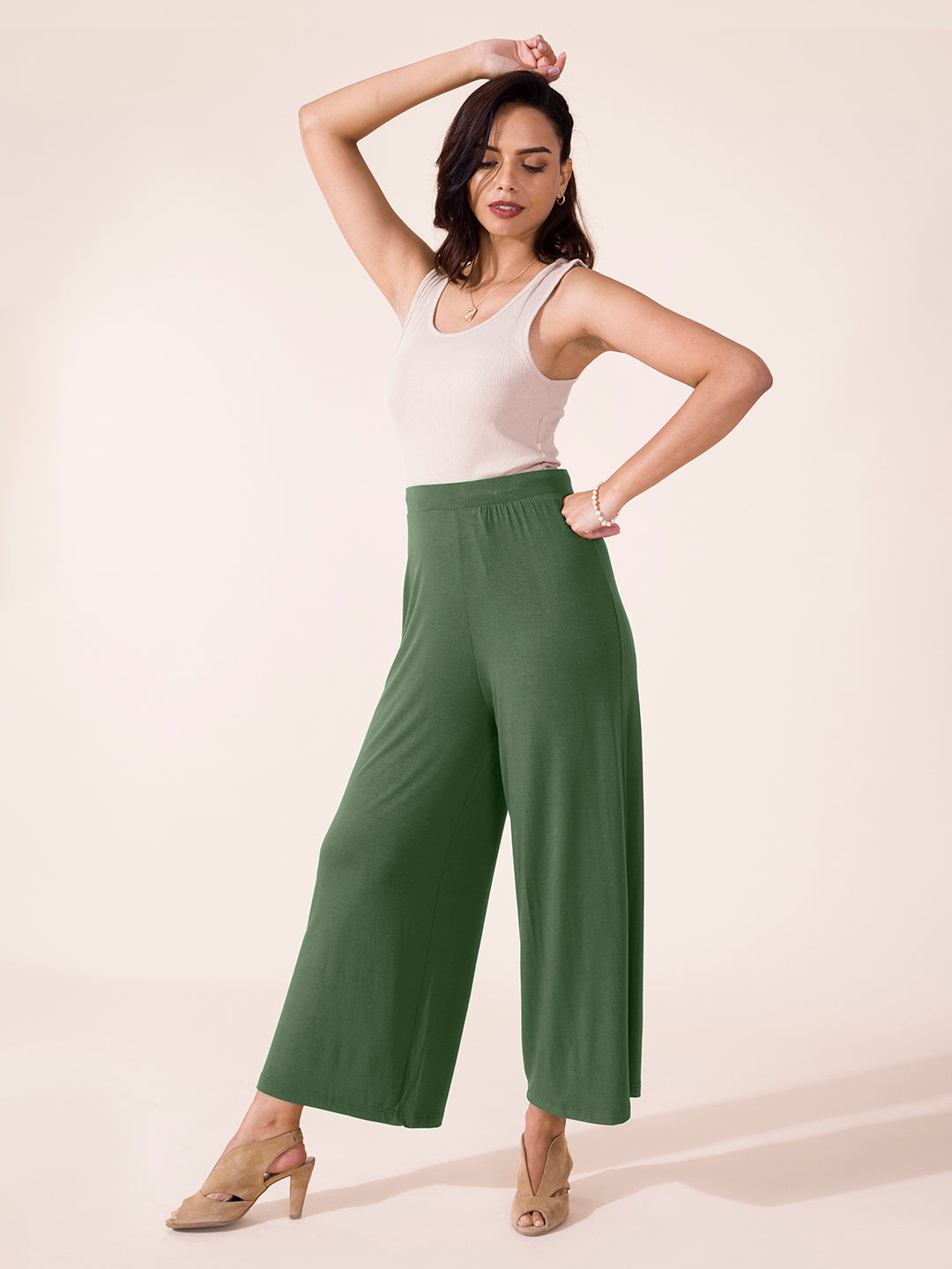 Women Solid Dark Olive Viscose Mid Rise Knit Palazzos
