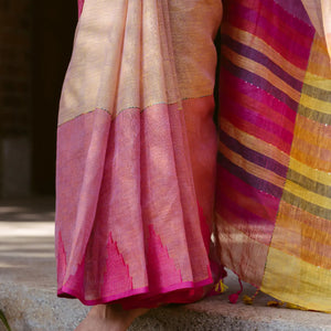 Multi-colour Muppagam Handloom Linen saree with Temple Border
