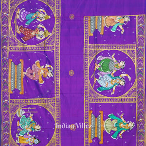Purple Dual Tone Radha Krishna Boita Theme Hand-Painted Pattachitra Saree