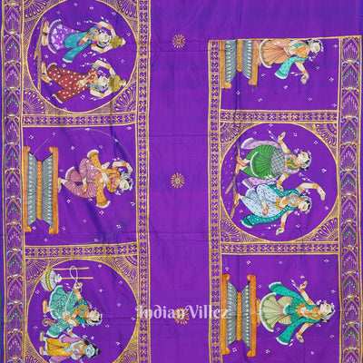 Purple Dual Tone Radha Krishna Boita Theme Hand-Painted Pattachitra Saree