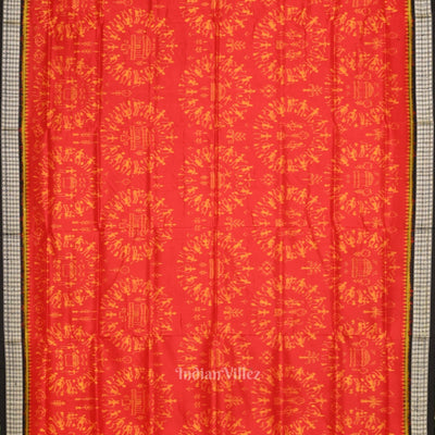 Deep Red Black Tribal Theme Sambalpuri Silk Saree