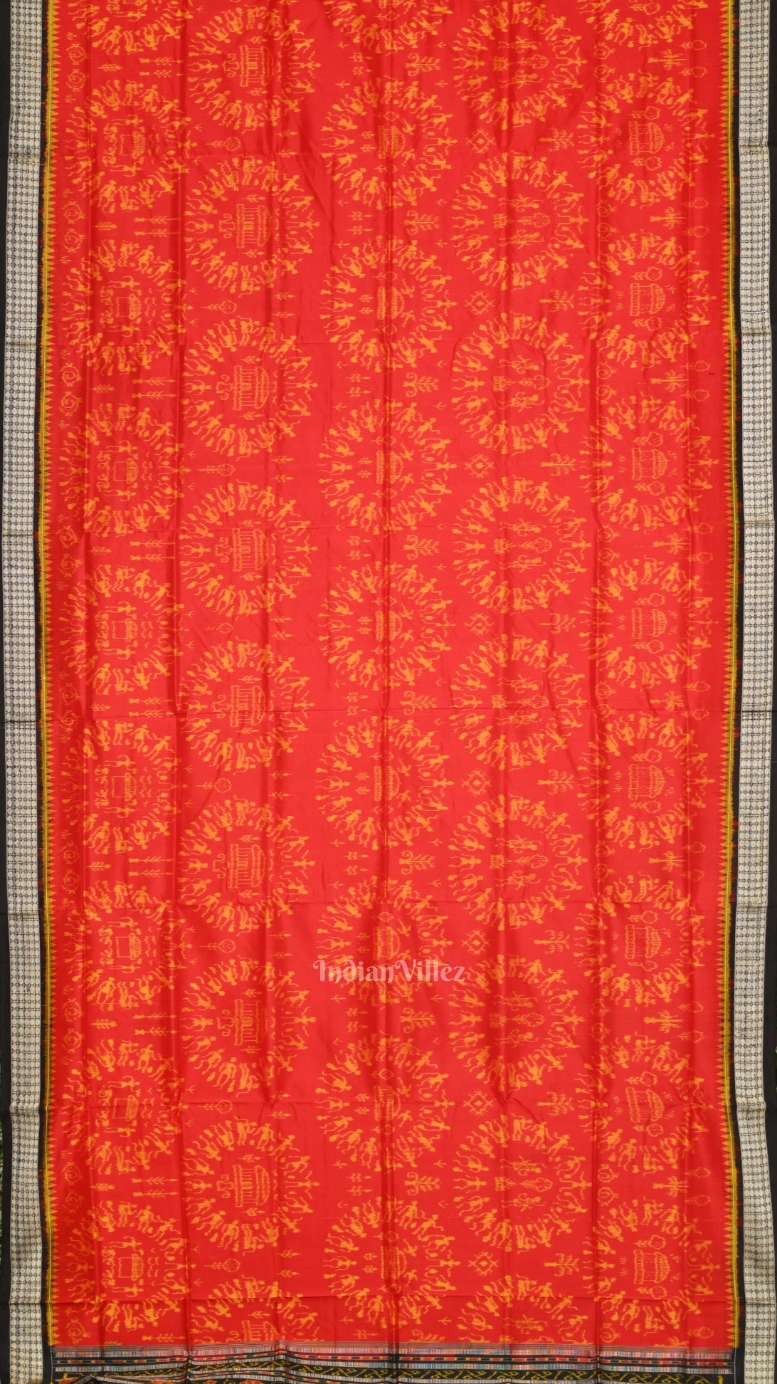 Deep Red Black Tribal Theme Sambalpuri Silk Saree