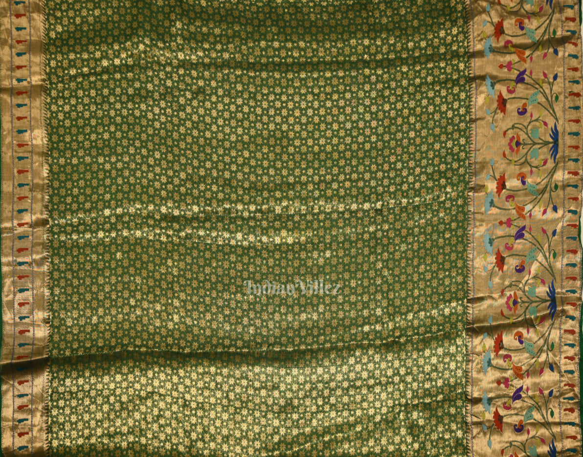 Yellow Green Bandhini  Banarasi Kota Silk Saree with Paithani Border