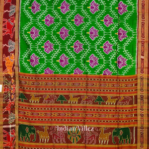 Green Lotus Design with Animal Border Khandua Silk Saree