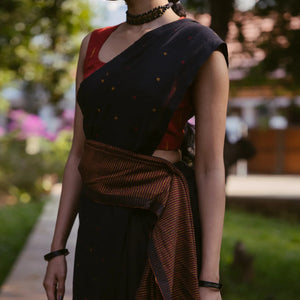 Black Handloom Bengal Cotton Saree With With Yellow and red buttis