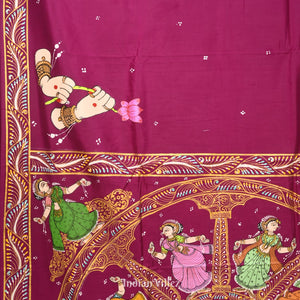 Maroon Chandua Theme Hand-Painted Pattachitra Saree