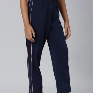 Girls Navy Side Stripe Mid Rise Track Pants